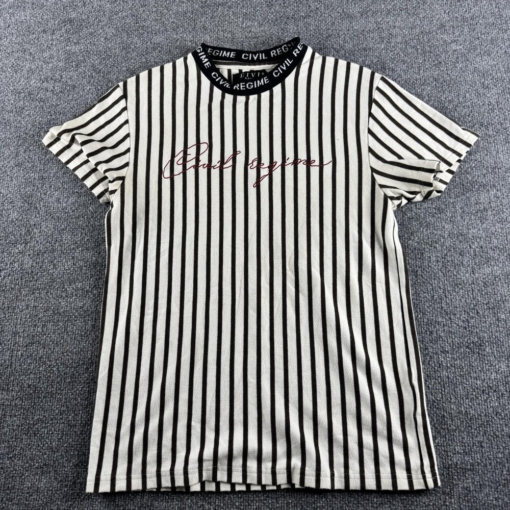 Civil Regime Shirt Mens M White Black Stripe Short Sleeve Embroidered Logo